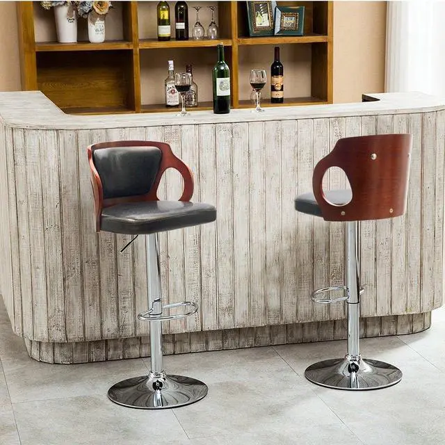 Alt view image 7 of 7 - Bar Stools Walnut Bentwood Adjustable Height Leather Modern Barstools with Back Vinyl Seat Extremely Comfy Bar Stools 2 Piece (Black)