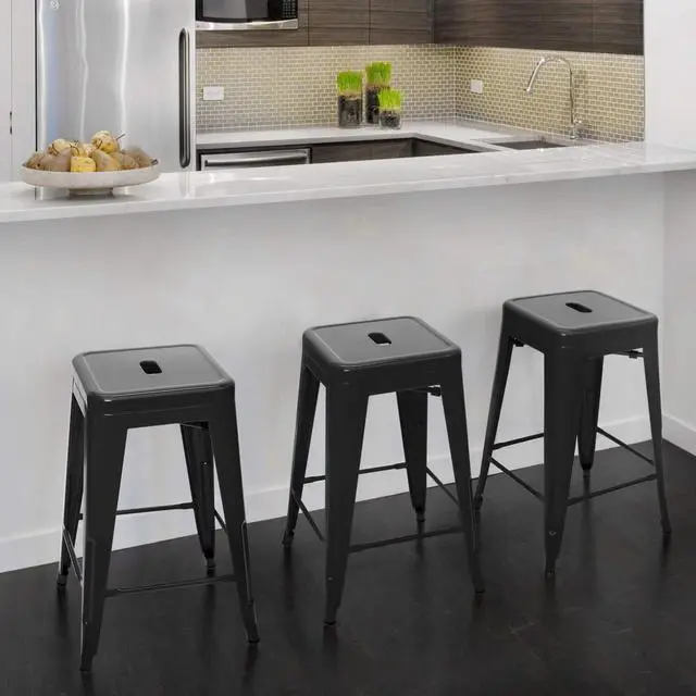 Alt view image 2 of 7 - 24 Inches Metal Bar Stools Industrial Barstools Stackable High Backless Stools Vintage Indoor Outdoor Stackable Kitchen Stools Set of 4 (Black)