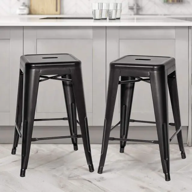Alt view image 4 of 7 - 24 Inches Metal Bar Stools Industrial Barstools Stackable High Backless Stools Vintage Indoor Outdoor Stackable Kitchen Stools Set of 4 (Black)