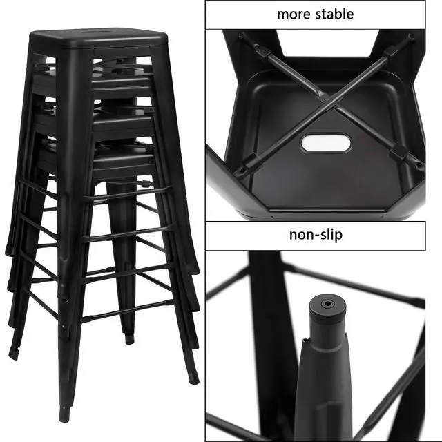 Alt view image 6 of 7 - 24 Inches Metal Bar Stools Industrial Barstools Stackable High Backless Stools Vintage Indoor Outdoor Stackable Kitchen Stools Set of 4 (Black)
