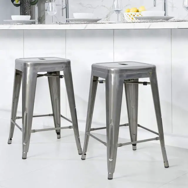 Alt view image 2 of 5 - 24 Inches Metal Bar Stools Industrial Barstools Stackable High Backless Stools Vintage Indoor Outdoor Stackable Kitchen Stools Set of 4 (Silver)