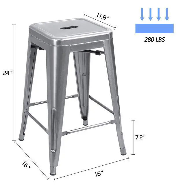 Alt view image 3 of 5 - 24 Inches Metal Bar Stools Industrial Barstools Stackable High Backless Stools Vintage Indoor Outdoor Stackable Kitchen Stools Set of 4 (Silver)