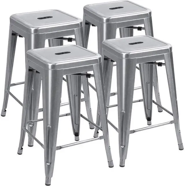 Main image of 24 Inches Metal Bar Stools Industrial Barstools Stackable High Backless Stools Vintage Indoor Outdoor Stackable Kitchen Stools Set of 4 (Silver)