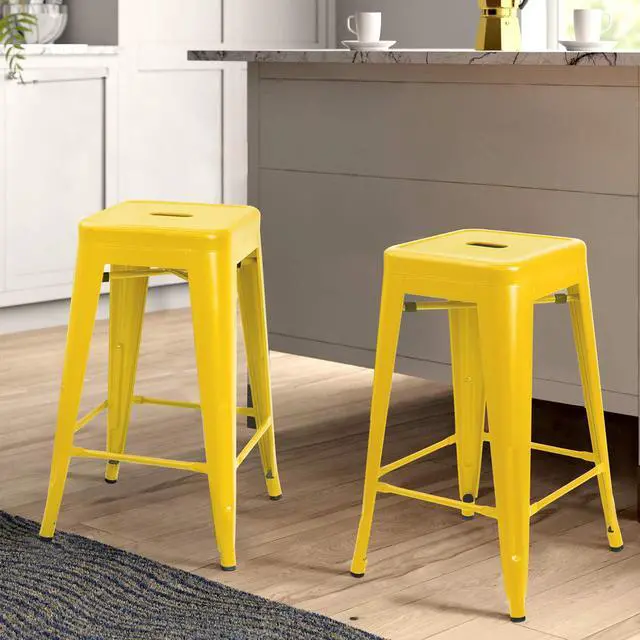 Alt view image 2 of 6 - 24 Inches Metal Bar Stools Industrial Barstools Stackable High Backless Stools Vintage Indoor Outdoor Stackable Kitchen Stools Set of 4 (Yellow)