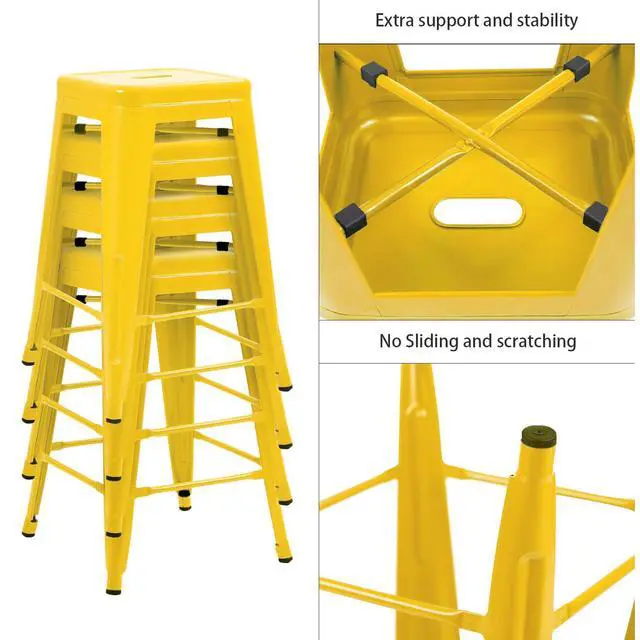 Alt view image 4 of 6 - 24 Inches Metal Bar Stools Industrial Barstools Stackable High Backless Stools Vintage Indoor Outdoor Stackable Kitchen Stools Set of 4 (Yellow)