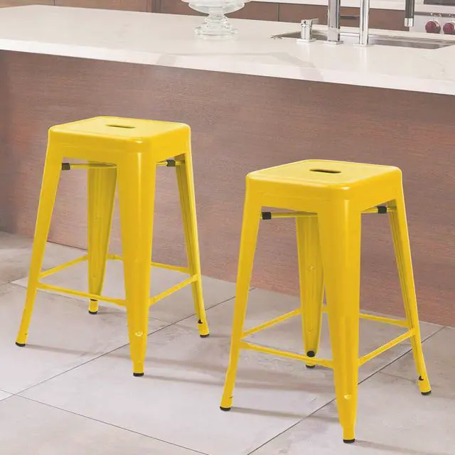 Alt view image 6 of 6 - 24 Inches Metal Bar Stools Industrial Barstools Stackable High Backless Stools Vintage Indoor Outdoor Stackable Kitchen Stools Set of 4 (Yellow)