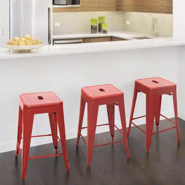Alt view image 2 of 3 - 24 Inches Metal Bar Stools Industrial Barstools Stackable High Backless Stools Vintage Indoor Outdoor Stackable Kitchen Stools Set of 4 (Red)