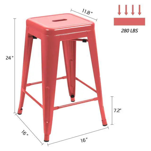 Alt view image 3 of 3 - 24 Inches Metal Bar Stools Industrial Barstools Stackable High Backless Stools Vintage Indoor Outdoor Stackable Kitchen Stools Set of 4 (Red)