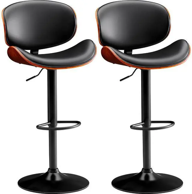Main image of Bar Stools Set of 2 Adjustable Swivel Bentwood Barstools PU Leather Modern Bar Chairs with Back & Footrest for Bar, Kitchen Island, Dining Room (Black, Set of 2)