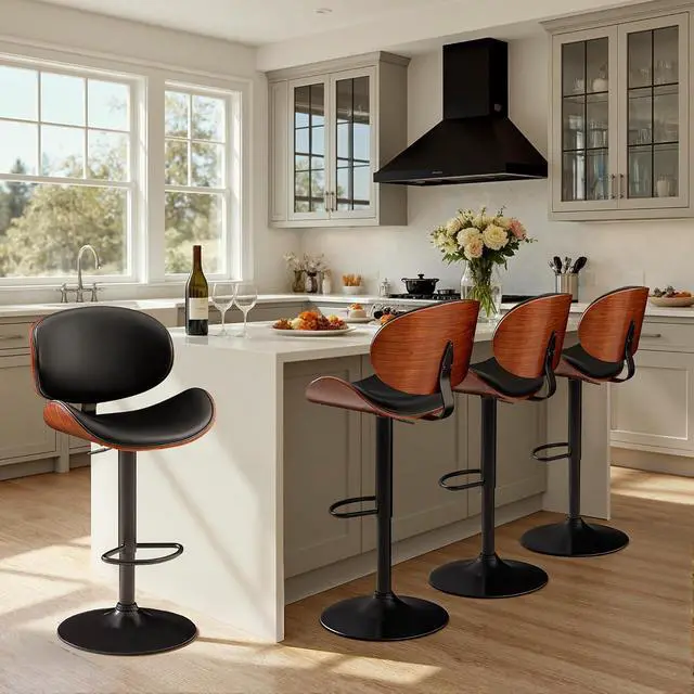 Alt view image 2 of 7 - Bar Stools Set of 2 Adjustable Swivel Bentwood Barstools PU Leather Modern Bar Chairs with Back & Footrest for Bar, Kitchen Island, Dining Room (Black, Set of 2)