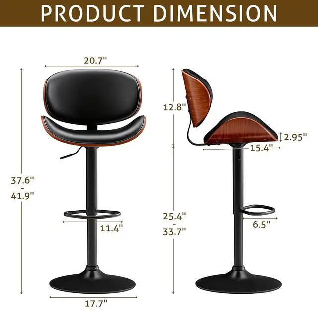 Alt view image 3 of 7 - Bar Stools Set of 2 Adjustable Swivel Bentwood Barstools PU Leather Modern Bar Chairs with Back & Footrest for Bar, Kitchen Island, Dining Room (Black, Set of 2)