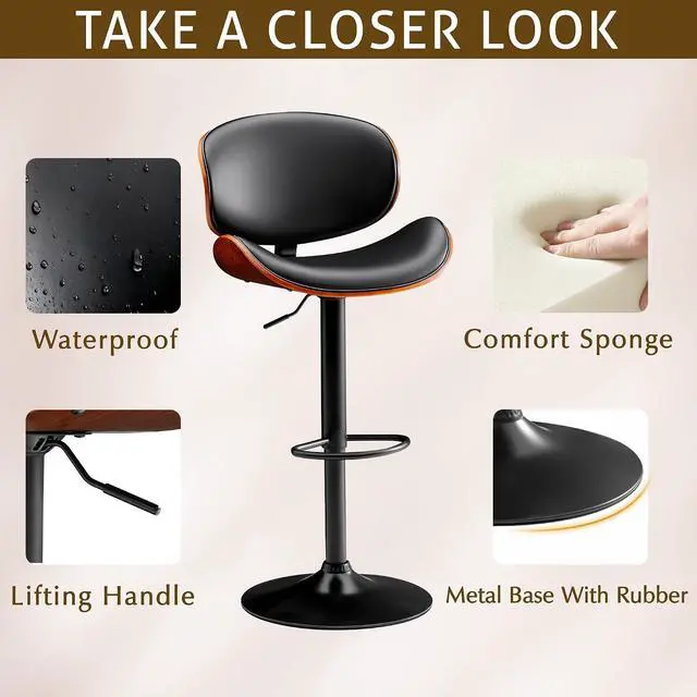 Alt view image 5 of 7 - Bar Stools Set of 2 Adjustable Swivel Bentwood Barstools PU Leather Modern Bar Chairs with Back & Footrest for Bar, Kitchen Island, Dining Room (Black, Set of 2)