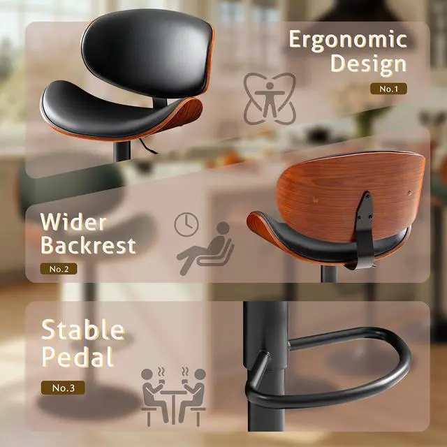 Alt view image 4 of 7 - Bar Stools Set of 2 Adjustable Swivel Bentwood Barstools PU Leather Modern Bar Chairs with Back & Footrest for Bar, Kitchen Island, Dining Room (Black, Set of 2)