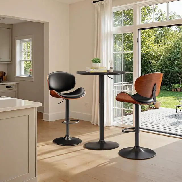 Alt view image 6 of 7 - Bar Stools Set of 2 Adjustable Swivel Bentwood Barstools PU Leather Modern Bar Chairs with Back & Footrest for Bar, Kitchen Island, Dining Room (Black, Set of 2)