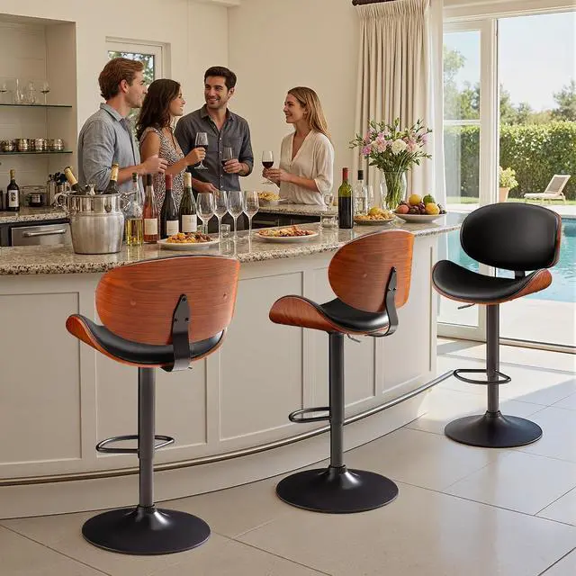Alt view image 7 of 7 - Bar Stools Set of 2 Adjustable Swivel Bentwood Barstools PU Leather Modern Bar Chairs with Back & Footrest for Bar, Kitchen Island, Dining Room (Black, Set of 2)