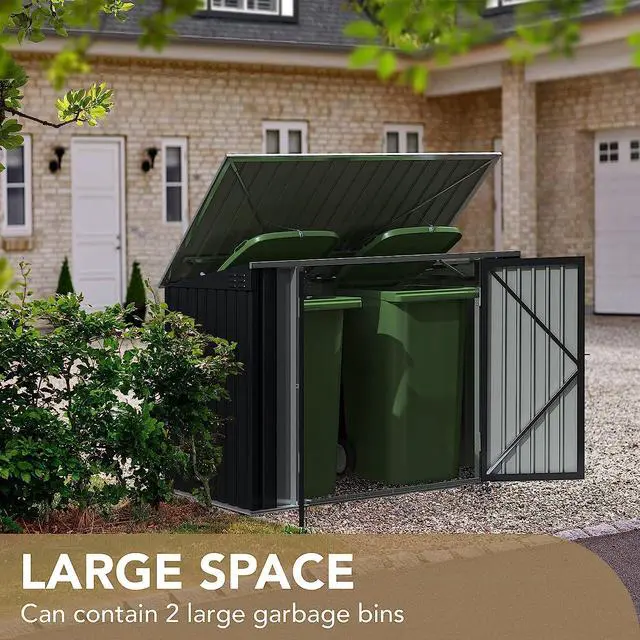 Alt view image 4 of 7 - Outdoor Storage Shed 5.8 x 3.3 FT Metal Trash Shed Waterproof Outside Storage with Lid Chain Hydraulic Gas Rod for Trash Can Weeding Tools