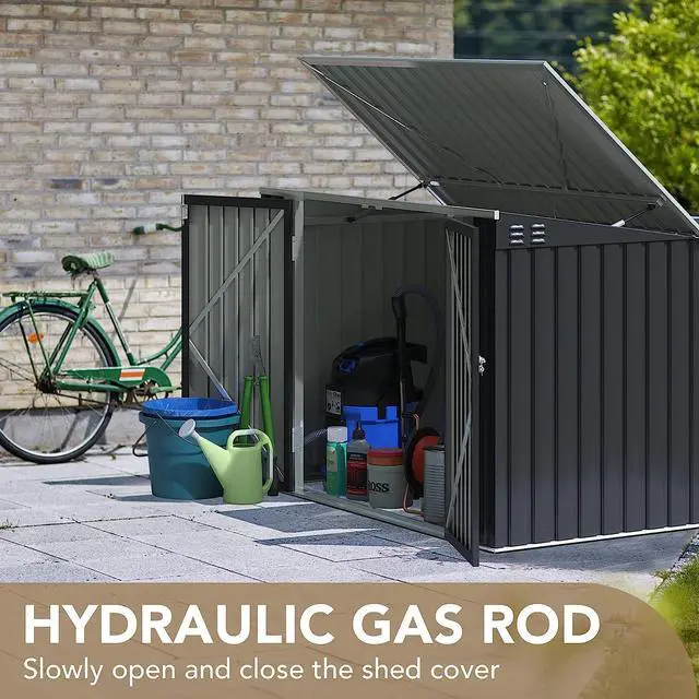 Alt view image 7 of 7 - Outdoor Storage Shed 5.8 x 3.3 FT Metal Trash Shed Waterproof Outside Storage with Lid Chain Hydraulic Gas Rod for Trash Can Weeding Tools