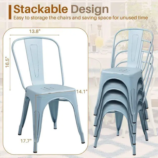 Alt view image 3 of 7 - Metal Dining Chair Indoor Outdoor Use Stackable Chic Side Classic Trattoria Metal Chairs Set of 4 for Kitchen, Dining Room, Bistro and Cafe (Distressed Blue)