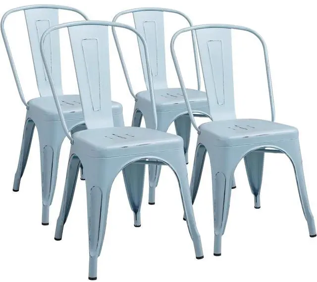 Main image of Metal Dining Chair Indoor Outdoor Use Stackable Chic Side Classic Trattoria Metal Chairs Set of 4 for Kitchen, Dining Room, Bistro and Cafe (Distressed Blue)