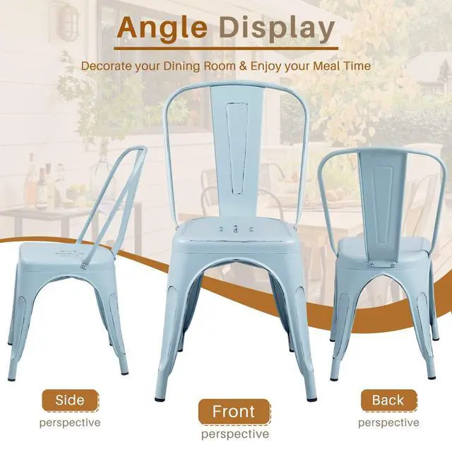 Alt view image 7 of 7 - Metal Dining Chair Indoor Outdoor Use Stackable Chic Side Classic Trattoria Metal Chairs Set of 4 for Kitchen, Dining Room, Bistro and Cafe (Distressed Blue)