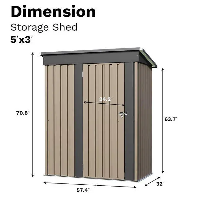 Alt view image 3 of 7 - Metal Outdoor Storage Shed 5 x 3 FT Metal Shed with Lockable Door,Waterproof Garden Tool Shed Storage House for Backyard Patio Lawn, Brown