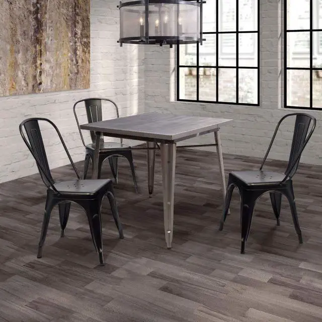 Alt view image 2 of 7 - Metal Dining Chair Indoor Outdoor Use Stackable Chic Side Classic Trattoria Metal Chairs Set of 4 for Kitchen, Dining Room, Bistro and Cafe (Gold Black)
