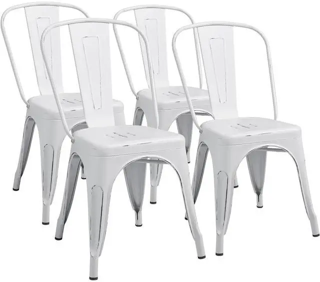 Main image of Metal Dining Chair Indoor Outdoor Use Stackable Chic Side Classic Trattoria Metal Chairs Set of 4 for Kitchen, Dining Room, Bistro and Cafe (Distressed White)