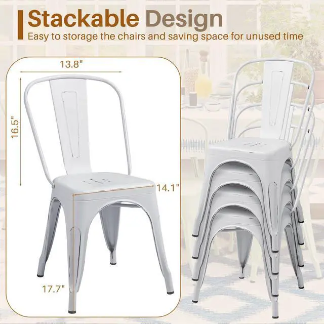 Alt view image 3 of 7 - Metal Dining Chair Indoor Outdoor Use Stackable Chic Side Classic Trattoria Metal Chairs Set of 4 for Kitchen, Dining Room, Bistro and Cafe (Distressed White)