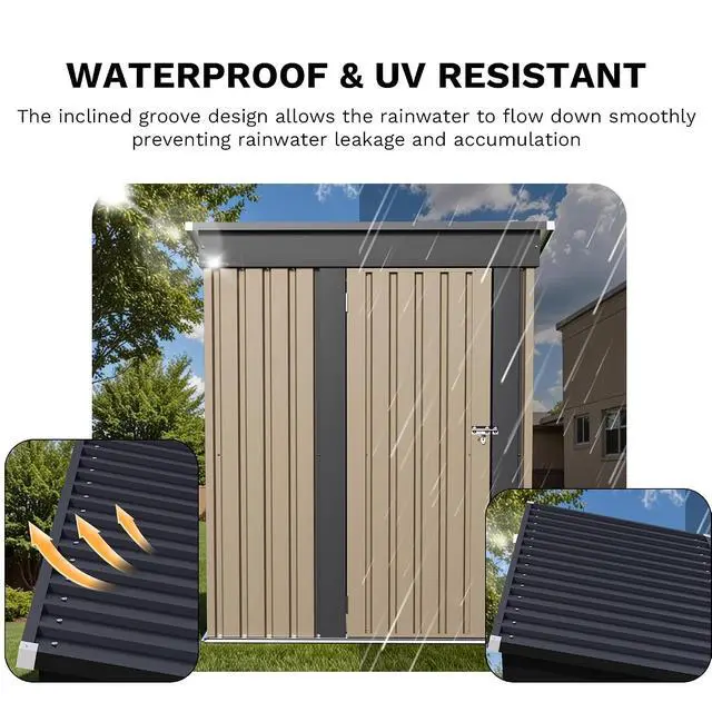 Alt view image 5 of 7 - Metal Outdoor Storage Shed 5 x 3 FT Metal Shed with Lockable Door,Waterproof Garden Tool Shed Storage House for Backyard Patio Lawn, Brown