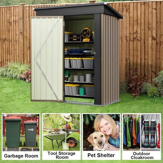 Alt view image 7 of 7 - Metal Outdoor Storage Shed 5 x 3 FT Metal Shed with Lockable Door,Waterproof Garden Tool Shed Storage House for Backyard Patio Lawn, Brown