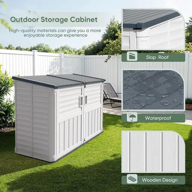 Alt view image 3 of 7 - Outdoor Storage Shed, Resin, 34 Cu Ft Outdoor Storage Cabinet Without Shelf, Waterproof, Double Locks, Storage for Trash Can, Garden Tools, Pool Supplies, Beige