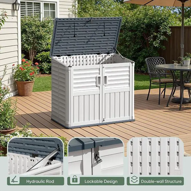 Alt view image 4 of 7 - Outdoor Storage Shed, Resin, 34 Cu Ft Outdoor Storage Cabinet Without Shelf, Waterproof, Double Locks, Storage for Trash Can, Garden Tools, Pool Supplies, Beige