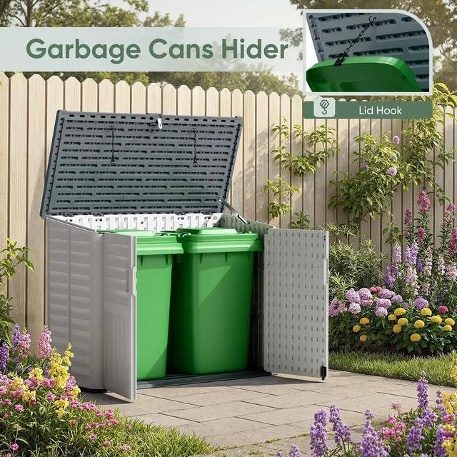Alt view image 5 of 7 - Outdoor Storage Shed, Resin, 34 Cu Ft Outdoor Storage Cabinet Without Shelf, Waterproof, Double Locks, Storage for Trash Can, Garden Tools, Pool Supplies, Beige