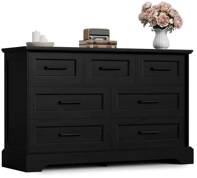 Main image of Farmhouse Dresser for Bedroom, 7 Drawers Dresser, Wood Chest of Drawers, 47.5" Wide Storage Dressers Organizer for Bedroom, Living Room, Black