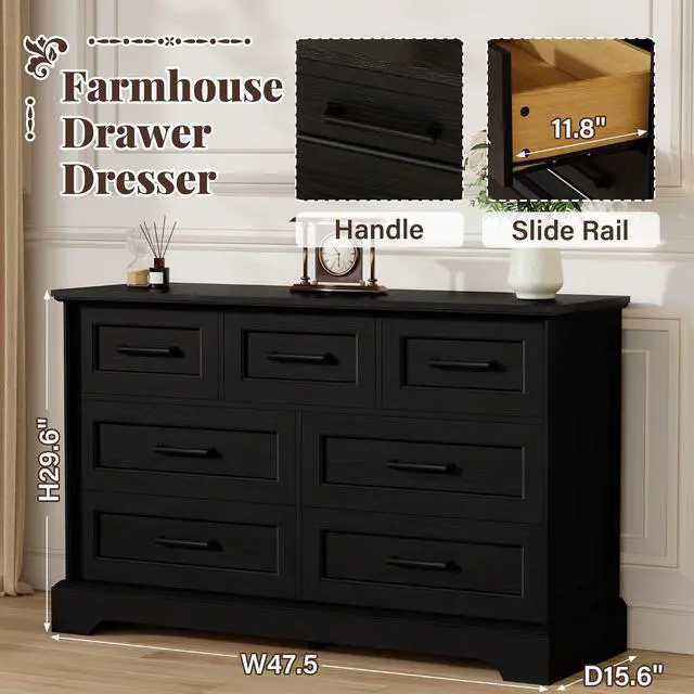 Alt view image 3 of 7 - Farmhouse Dresser for Bedroom, 7 Drawers Dresser, Wood Chest of Drawers, 47.5" Wide Storage Dressers Organizer for Bedroom, Living Room, Black