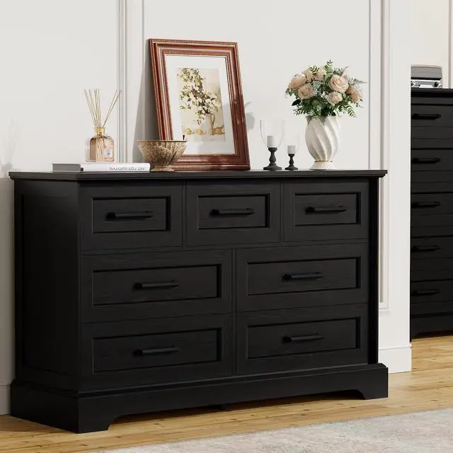 Alt view image 2 of 7 - Farmhouse Dresser for Bedroom, 7 Drawers Dresser, Wood Chest of Drawers, 47.5" Wide Storage Dressers Organizer for Bedroom, Living Room, Black