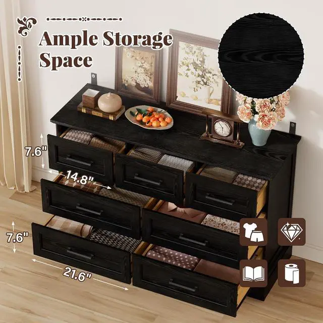 Alt view image 4 of 7 - Farmhouse Dresser for Bedroom, 7 Drawers Dresser, Wood Chest of Drawers, 47.5" Wide Storage Dressers Organizer for Bedroom, Living Room, Black