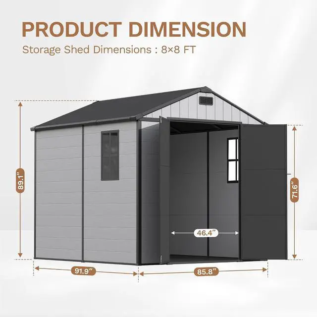 Alt view image 2 of 7 - 8 x 8 FT Resin Outdoor Storage Shed with Floor, Plastic Tool Shed with Lockable Door & Sloping Roof, All-Weather Garden Shed for Patio, Backyard, Poolside, Light Grey