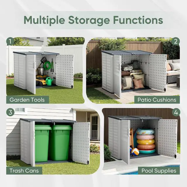 Alt view image 7 of 7 - Outdoor Storage Shed, Resin, 34 Cu Ft Outdoor Storage Cabinet Without Shelf, Waterproof, Double Locks, Storage for Trash Can, Garden Tools, Pool Supplies, Beige
