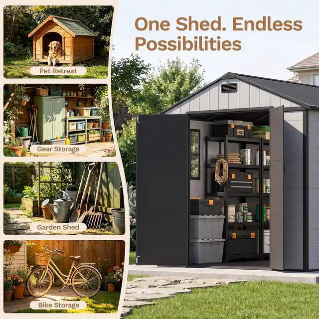 Alt view image 4 of 7 - 8 x 8 FT Resin Outdoor Storage Shed with Floor, Plastic Tool Shed with Lockable Door & Sloping Roof, All-Weather Garden Shed for Patio, Backyard, Poolside, Light Grey