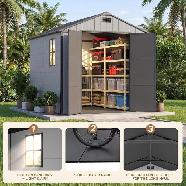 Alt view image 5 of 7 - 8 x 8 FT Resin Outdoor Storage Shed with Floor, Plastic Tool Shed with Lockable Door & Sloping Roof, All-Weather Garden Shed for Patio, Backyard, Poolside, Light Grey