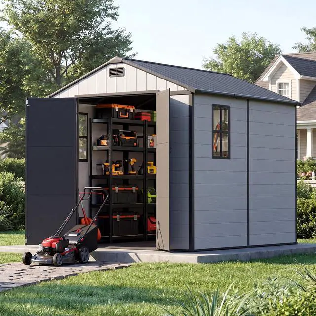 Alt view image 7 of 7 - 8 x 8 FT Resin Outdoor Storage Shed with Floor, Plastic Tool Shed with Lockable Door & Sloping Roof, All-Weather Garden Shed for Patio, Backyard, Poolside, Light Grey