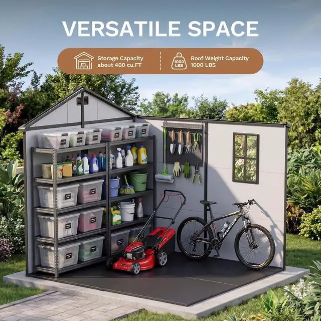 Alt view image 3 of 7 - 8 x 8 FT Resin Outdoor Storage Shed with Floor, Plastic Tool Shed with Lockable Door & Sloping Roof, All-Weather Garden Shed for Patio, Backyard, Poolside, Light Grey