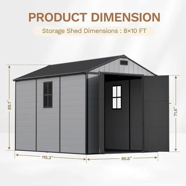 Alt view image 2 of 7 - 8 x 10 FT Resin Outdoor Storage Shed with Floor, Plastic Tool Shed with Lockable Door & Sloping Roof, All-Weather Garden Shed for Patio, Backyard, Poolside, Light Grey