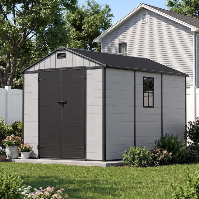 Main image of 8 x 10 FT Resin Outdoor Storage Shed with Floor, Plastic Tool Shed with Lockable Door & Sloping Roof, All-Weather Garden Shed for Patio, Backyard, Poolside, Light Grey