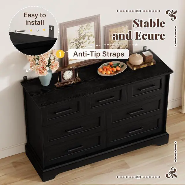 Alt view image 5 of 7 - Farmhouse Dresser for Bedroom, 7 Drawers Dresser, Wood Chest of Drawers, 47.5" Wide Storage Dressers Organizer for Bedroom, Living Room, Black