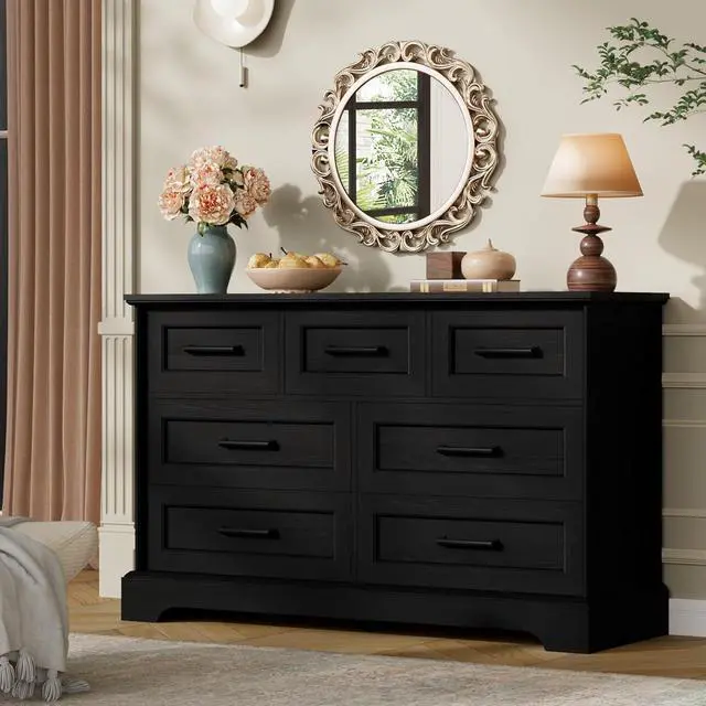 Alt view image 6 of 7 - Farmhouse Dresser for Bedroom, 7 Drawers Dresser, Wood Chest of Drawers, 47.5" Wide Storage Dressers Organizer for Bedroom, Living Room, Black