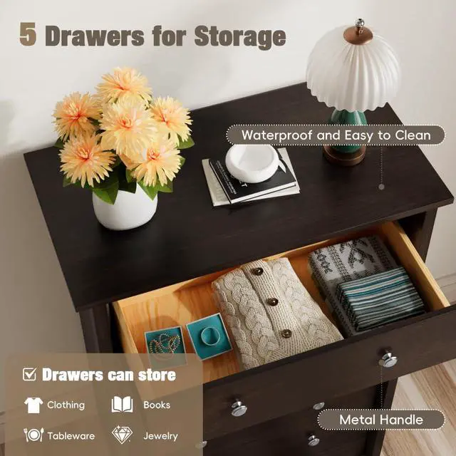 Alt view image 4 of 7 - Tall Dresser for Bedroom, 5 Drawer Dresser, Chest of Drawers, Organizer Drawers, for Hallway Entryway (Brown)