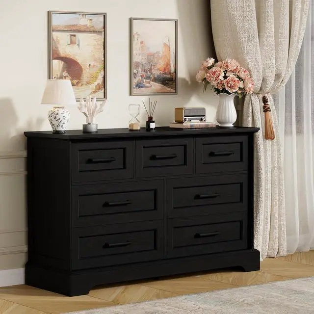 Alt view image 7 of 7 - Farmhouse Dresser for Bedroom, 7 Drawers Dresser, Wood Chest of Drawers, 47.5" Wide Storage Dressers Organizer for Bedroom, Living Room, Black