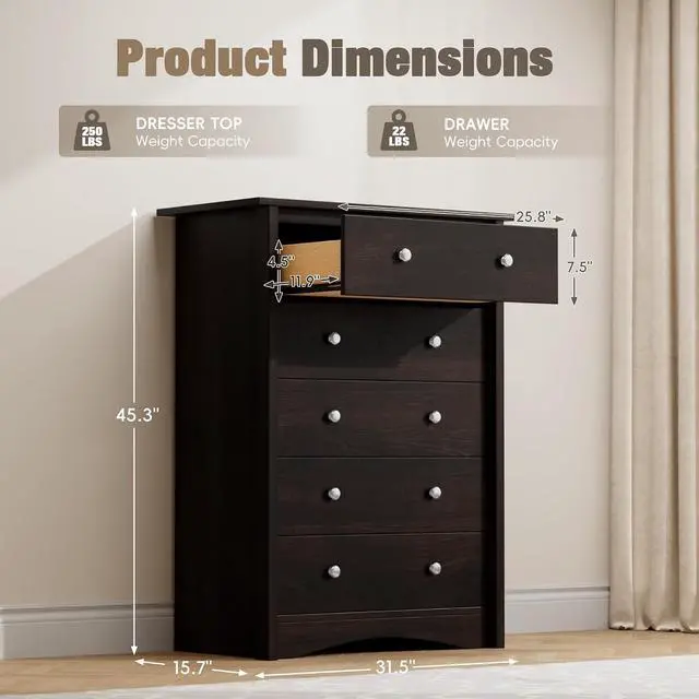Alt view image 3 of 7 - Tall Dresser for Bedroom, 5 Drawer Dresser, Chest of Drawers, Organizer Drawers, for Hallway Entryway (Brown)